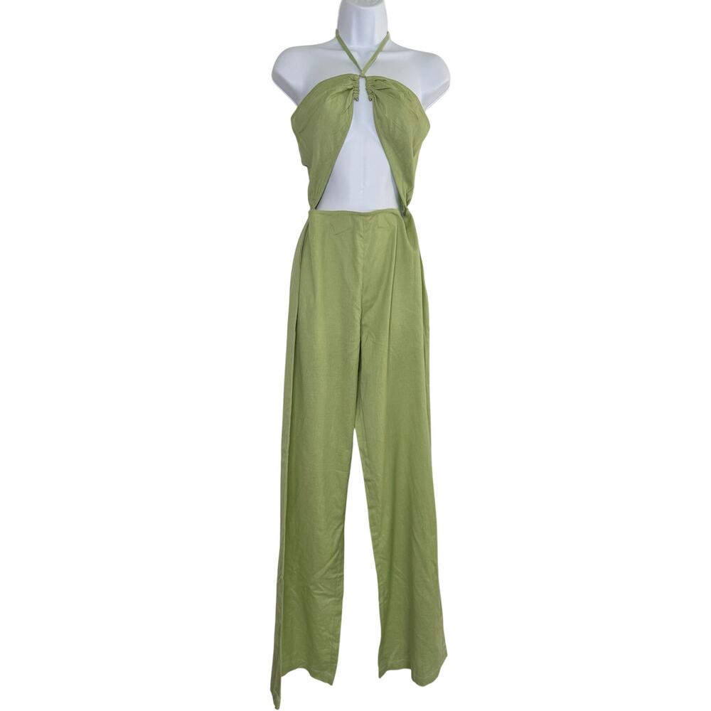 Pretty Little Thing Sage Halter Jumpsuit Wide Leg Trim Detail Size 4 Tie Neck